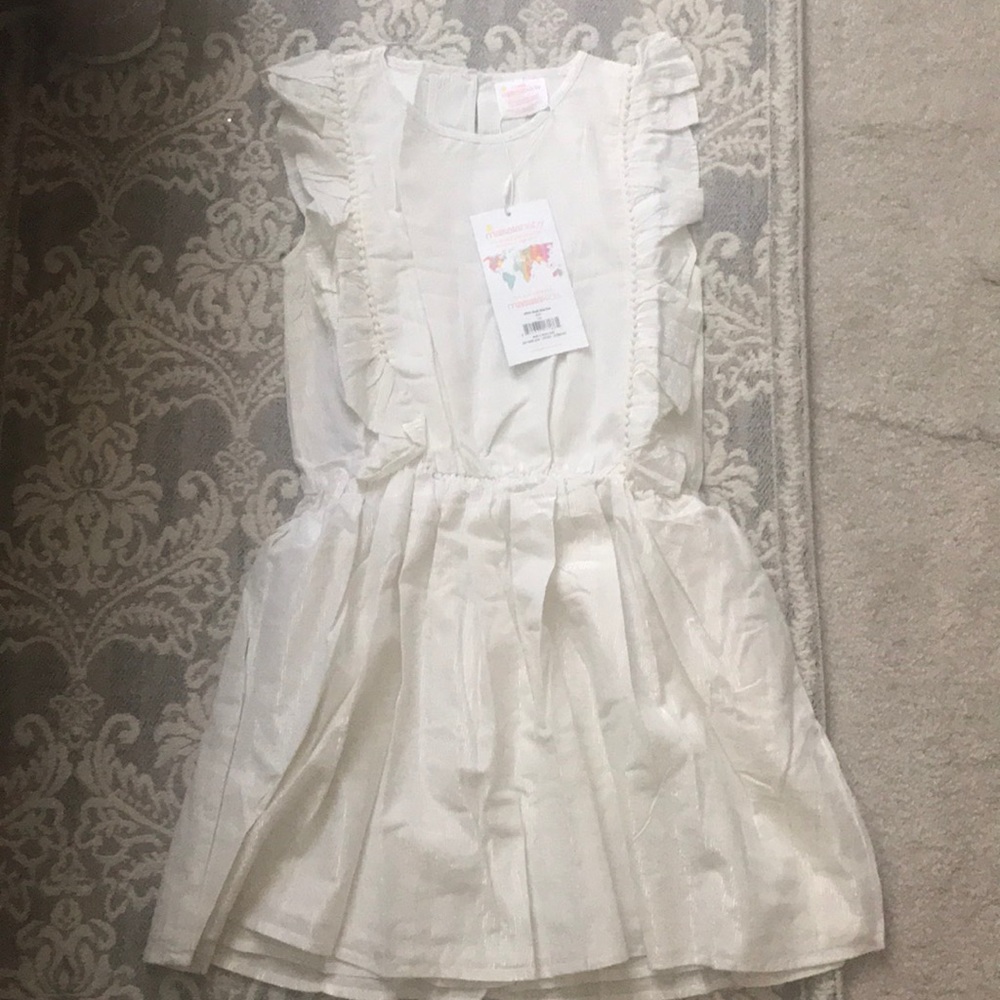Girls Metallic Stripe Ruffle Dress Silver.
